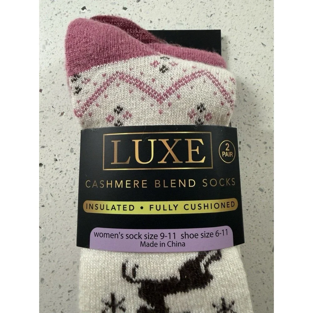 Luxe Cashmere Blend Ladies Reindeer Socks Ivory Pink 2 Pair Stocking Stuffer